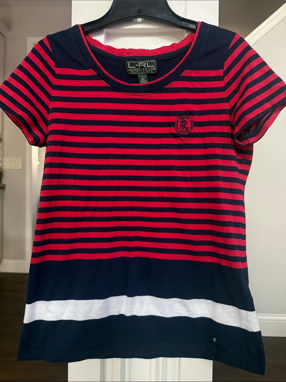 Ralph Lauren Navy & Red Striped Ladies Scoop Neck Short Sleeve Tee Small